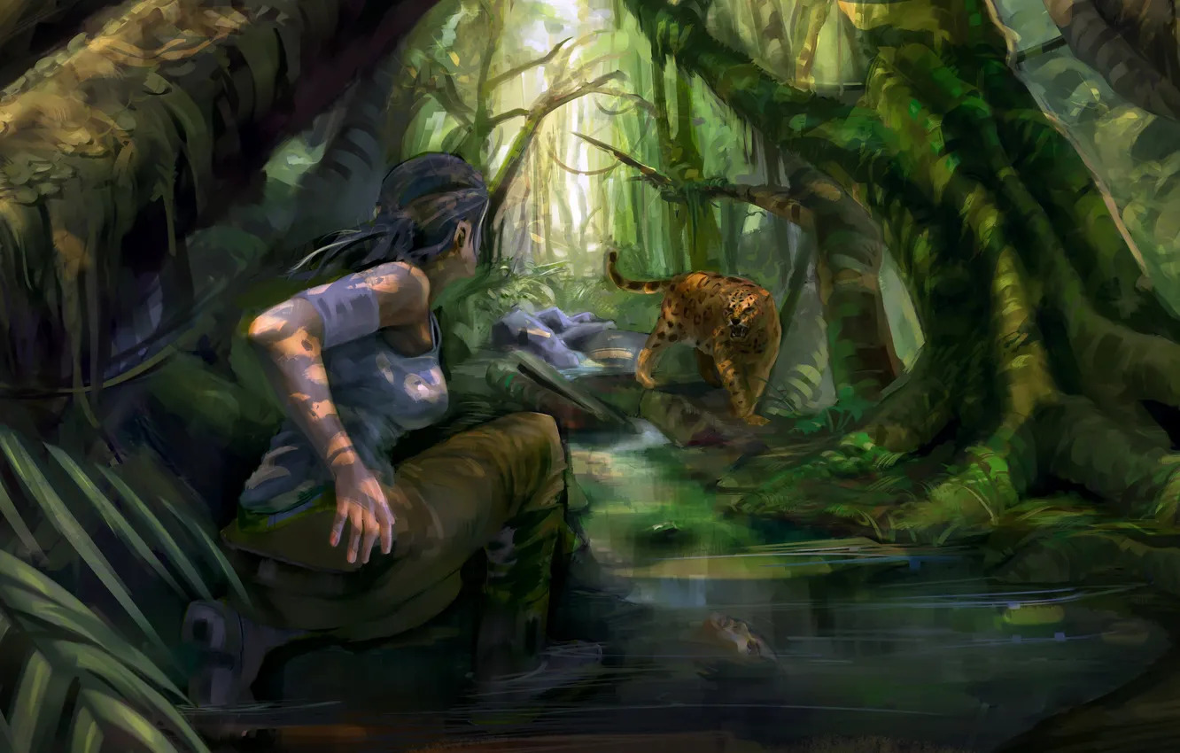 Фото обои вода, девушка, деревья, игра, хищник, лук, арт, леопард