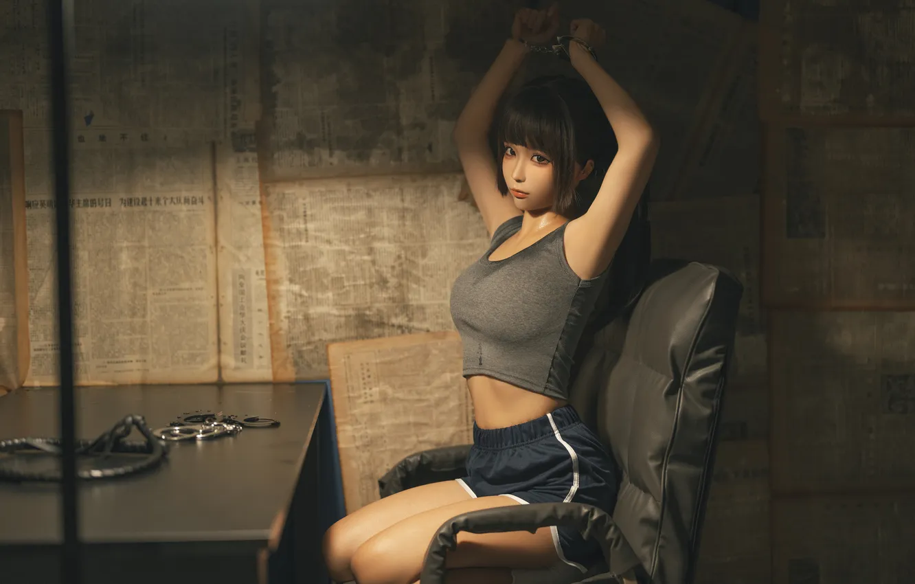 Фото обои Asian, twintails, model, women, cosplay, brunette, short shorts, grey tops