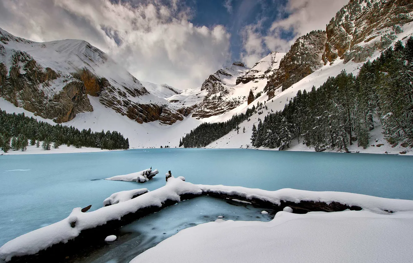 Фото обои снег, горы, озеро, Испания, Уэска, Баса-де-ла-Мора, Ибон-де-План
