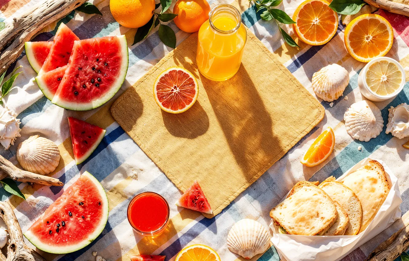 Фото обои пляж, лето, солнце, отдых, summer, фрукты, sunshine, пикник