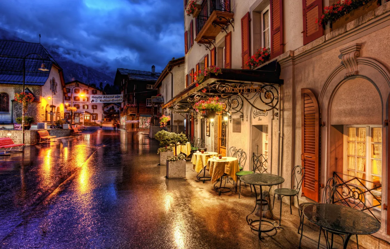 Фото обои дорога, улица, здания, дома, Швейцария, кафе, Switzerland, столики