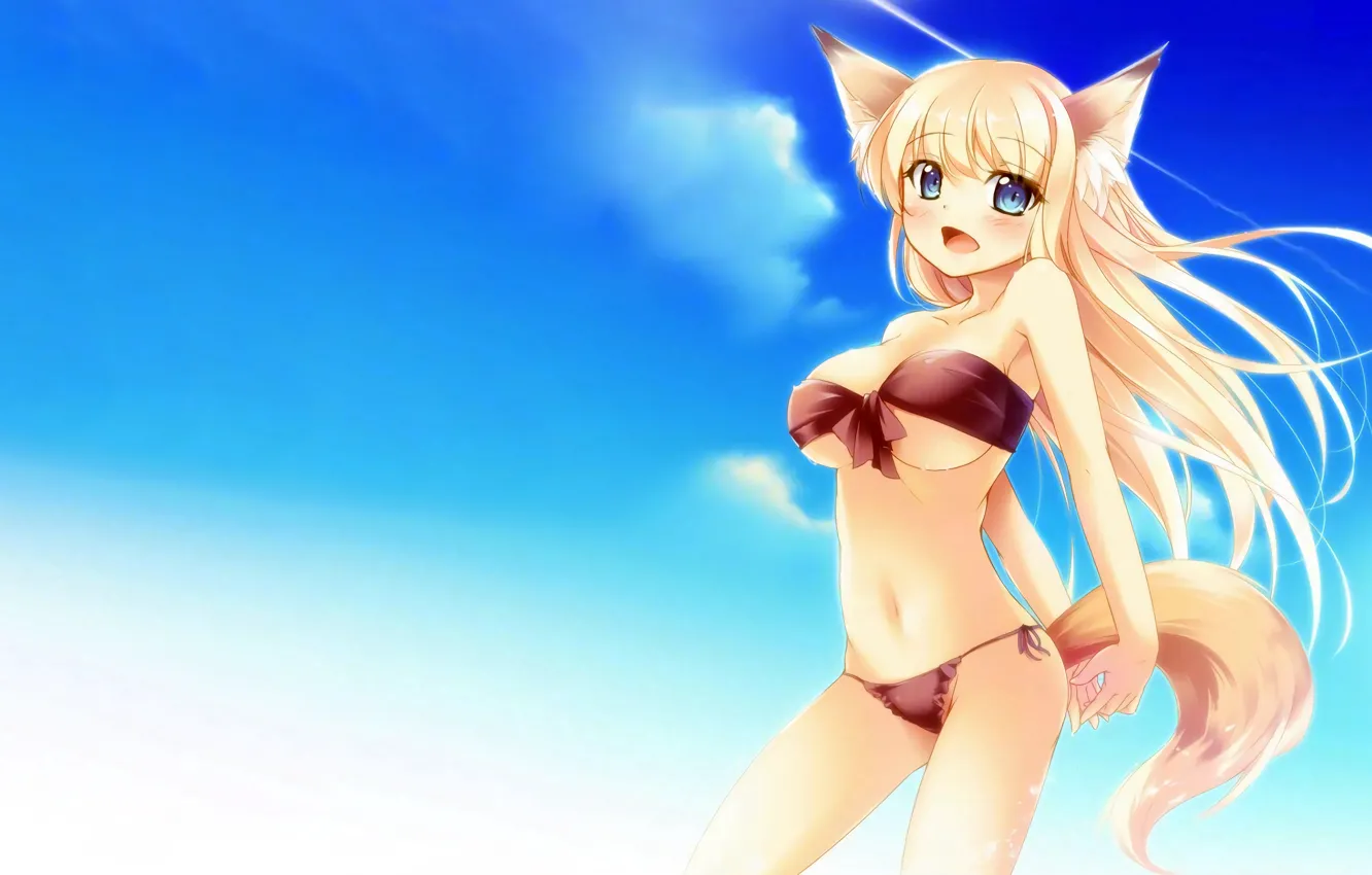 Фото обои girl, sexy, wet, cleavage, long hair, boobs, animal ears, anime