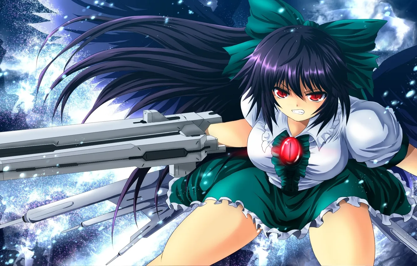 Фото обои девушка, оружие, злость, крылья, бант, красные глаза, touhou, reiuji utsuho