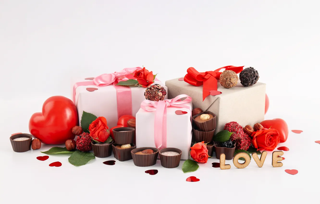 Фото обои любовь, романтика, сердце, шоколад, подарки, сердечки, red, love