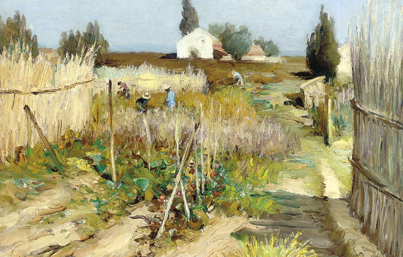 Фото обои пейзаж, дом, люди, забор, картина, Марсель Диф, Огород в Провансе