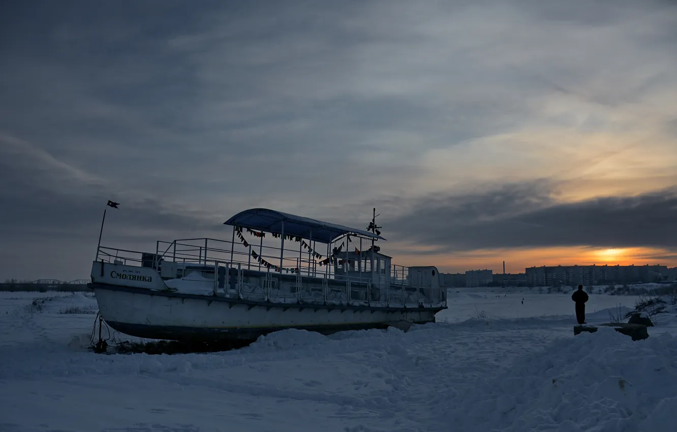 Фото обои зима, рассвет, корабль, утро