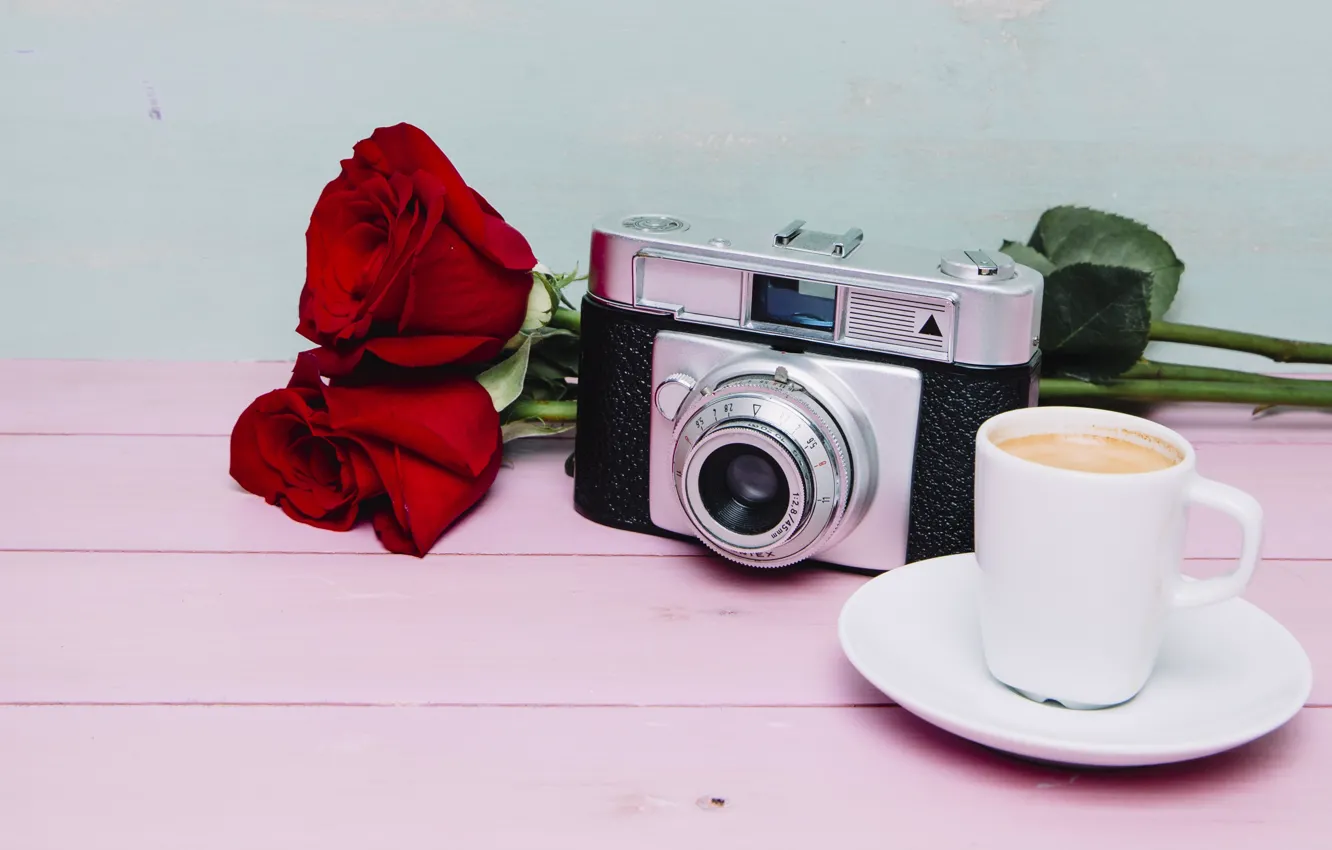 Фото обои цветы, кофе, розы, фотоаппарат