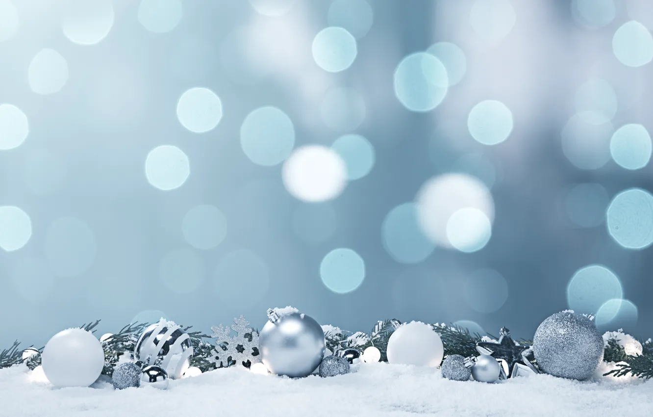 Фото обои зима, шарики, снег, снежинки, блики, фон, праздник, голубой