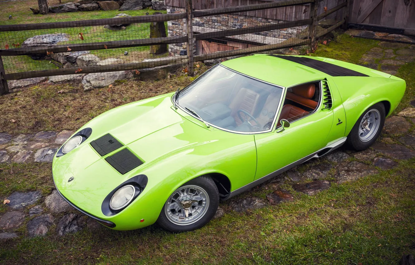 Фото обои Авто, Lamborghini, Ретро, Зеленый, Машина, 1969, Сверху, Фары