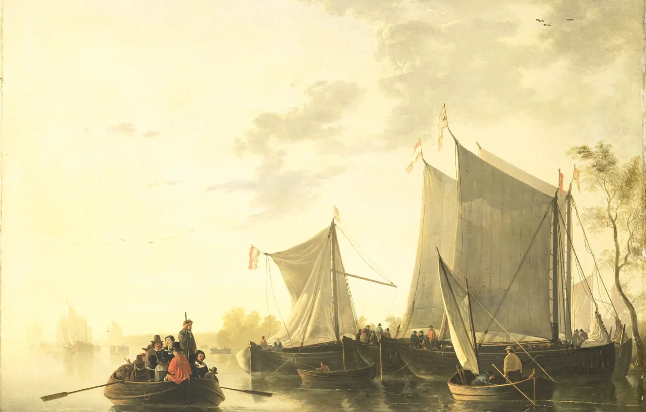 Фото обои пейзаж, лодка, масло, картина, парус, Вид реки, Albertus Brondgeest, 1849