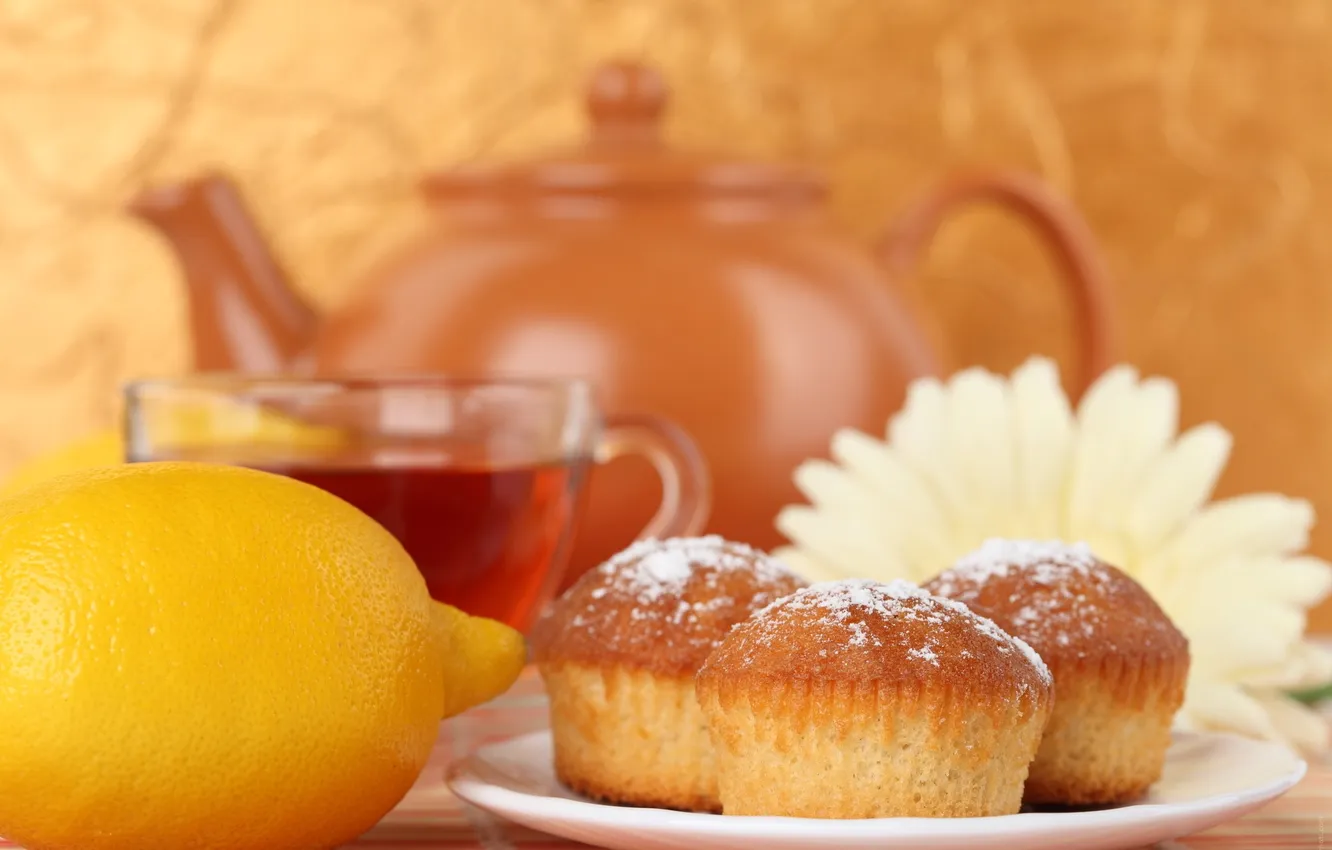 Фото обои цветок, лимон, чай, чайник, кексы