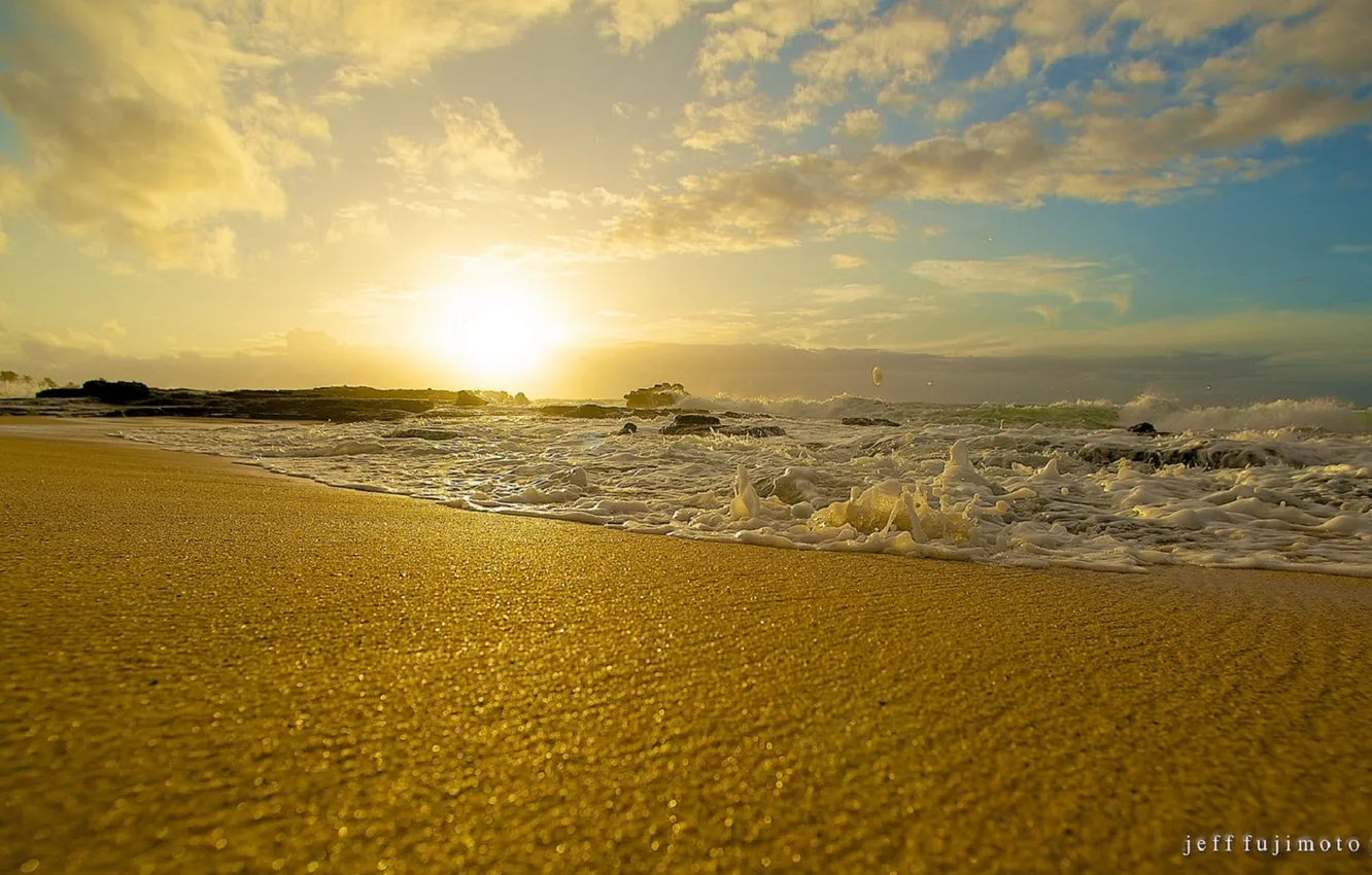 Фото обои песок, море, закат, берег, волна