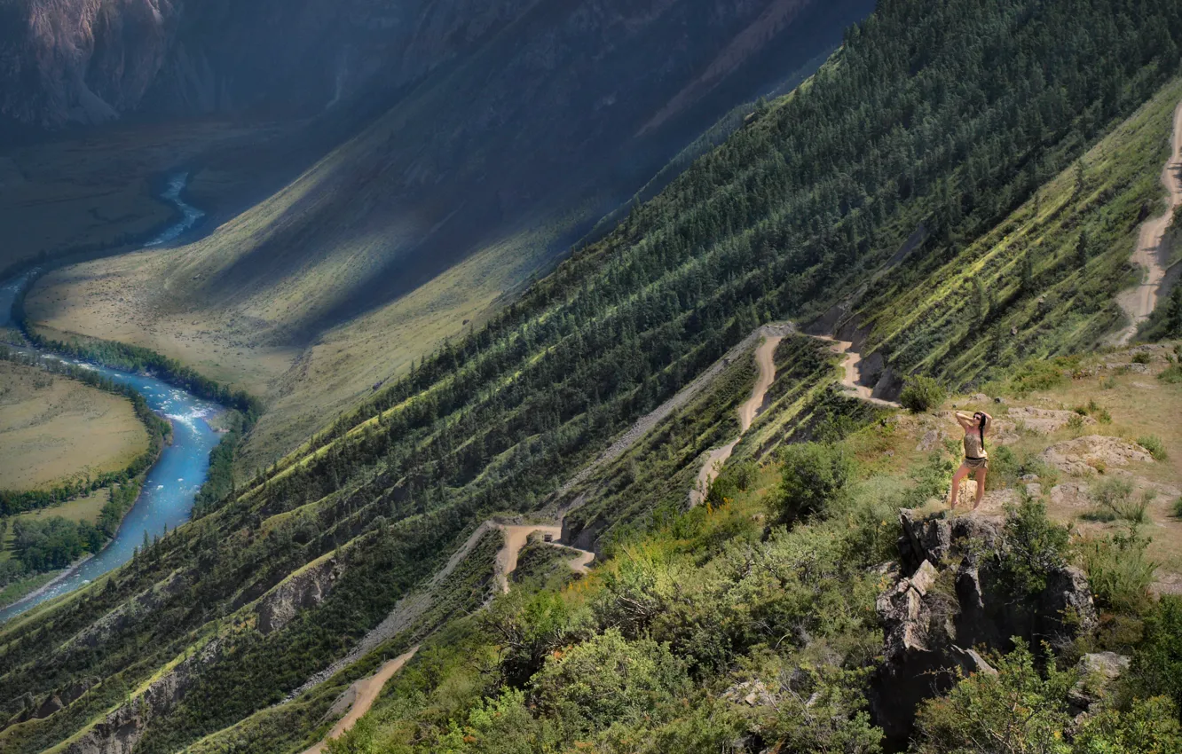 Фото обои Серпантин, Горный Алтай, Mobiba, Горный перевал Кату-Ярык, Мобиба, Бантуризм