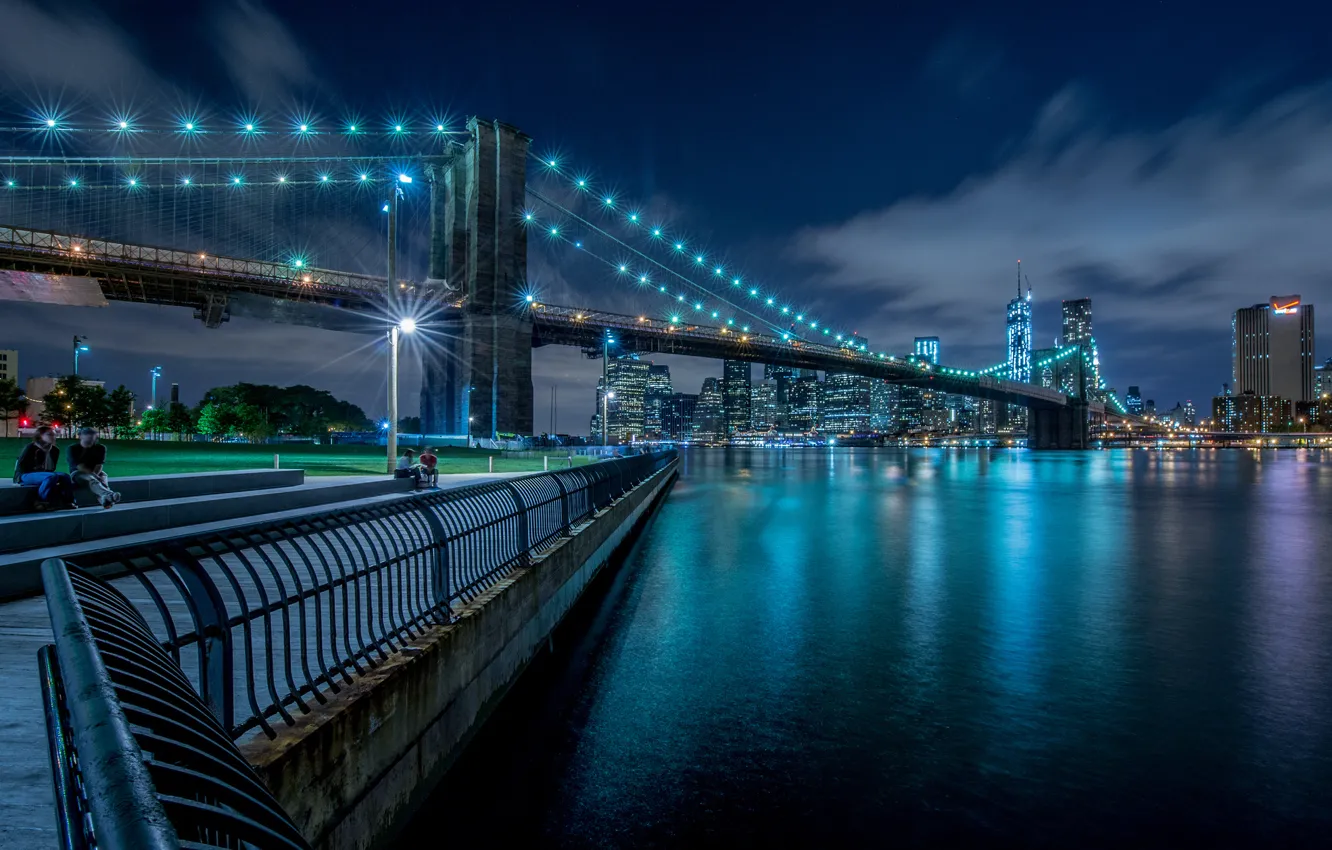 Фото обои ночь, мост, огни, Нью-Йорк, Бруклин