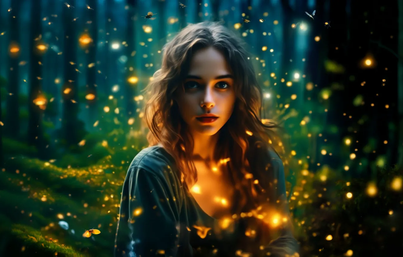 Фото обои лес, девушка, ночь, природа, светлячки, фэнтези, полночь, фэнтези арт