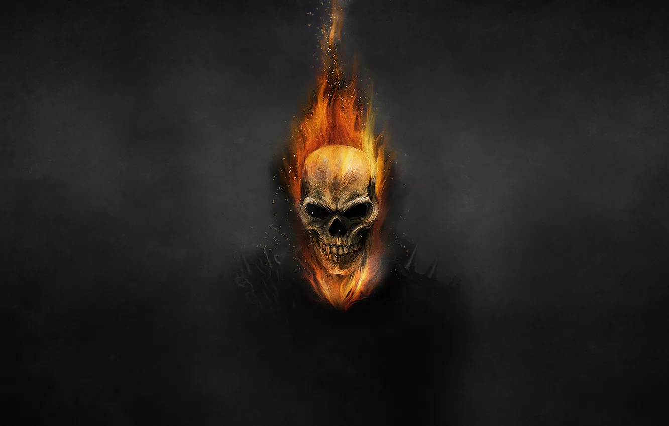Фото обои темный фон, огонь, череп, цепь, скелет, Ghost Rider, Призрачный гонщик
