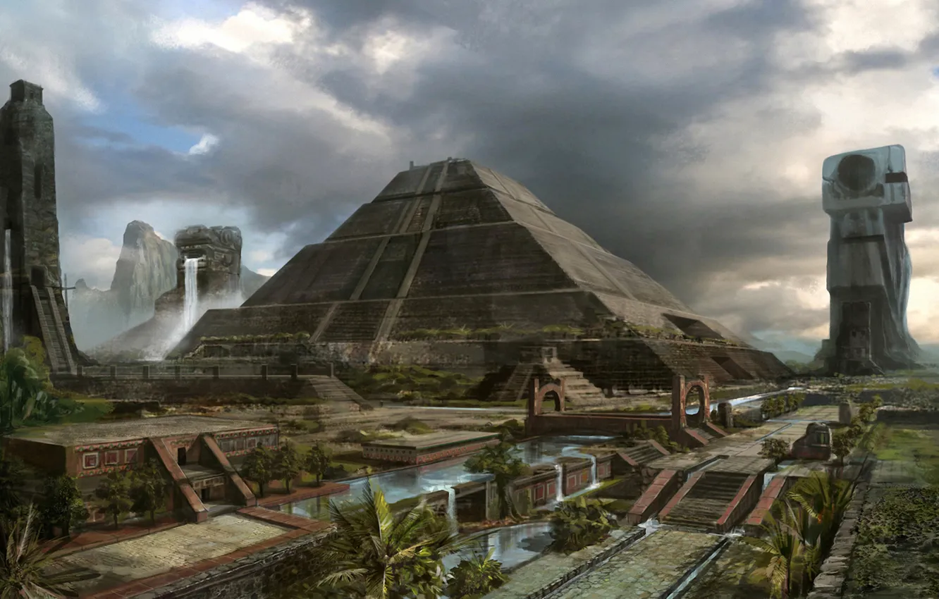 Фото обои город, пальмы, арт, пирамида, Mayan Civilization