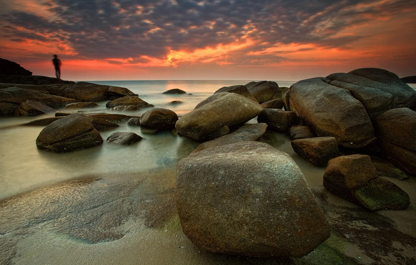 Фото обои пляж, пейзаж, камни, рассвет, берег