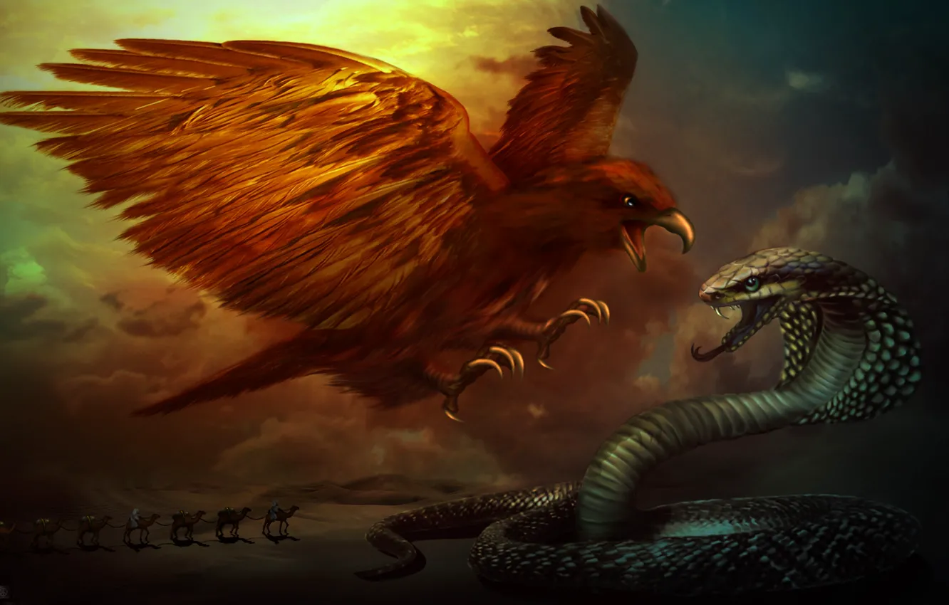 Фото обои орел, пустыня, змея, битва, караван