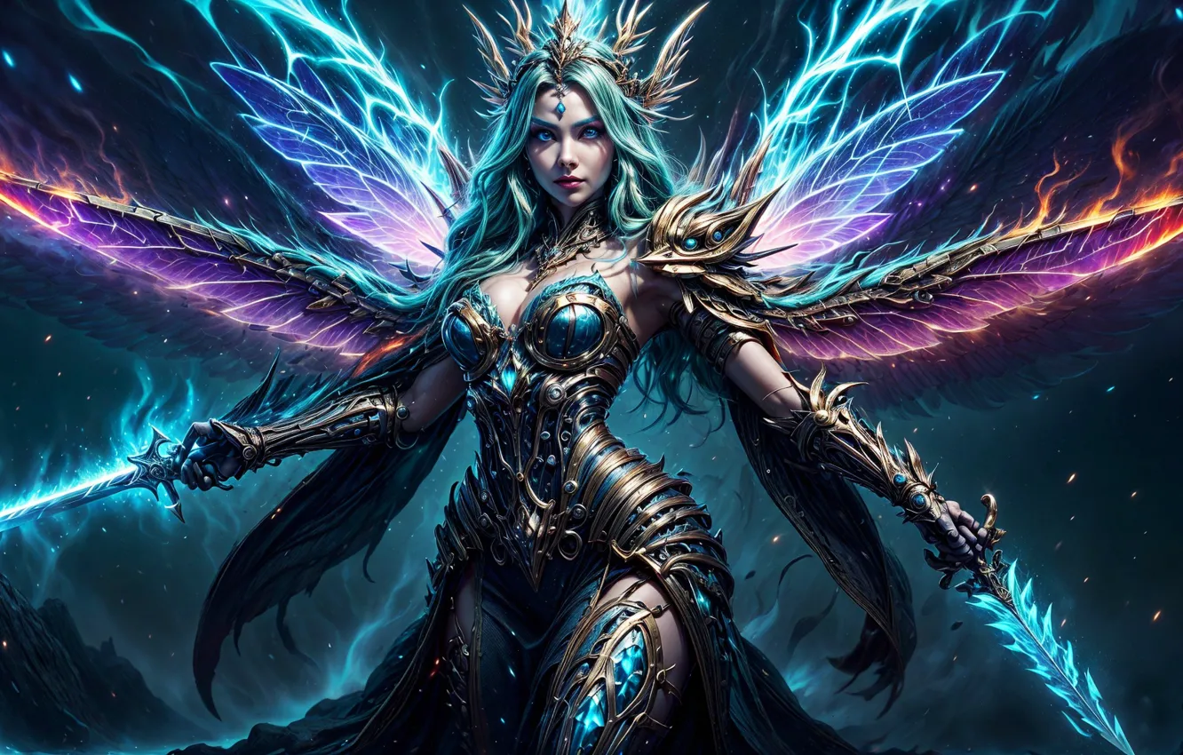 Фото обои colorful, armor, long hair, weapon, wings, women, digital art, blue hair