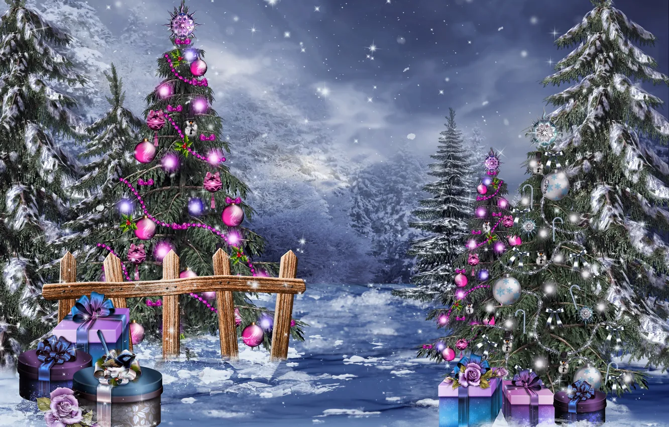 Фото обои зима, снег, шары, волшебство, игрушки, елки, Рождество, подарки