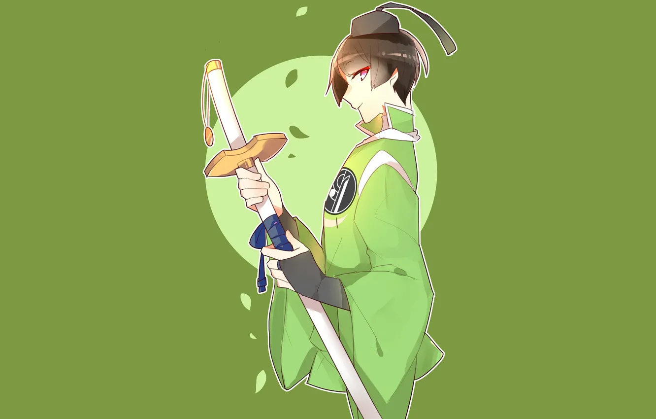 Фото обои меч, катана, парень, зелёный фон, Touken Ranbu, Танец Мечей, Ishikirimaru