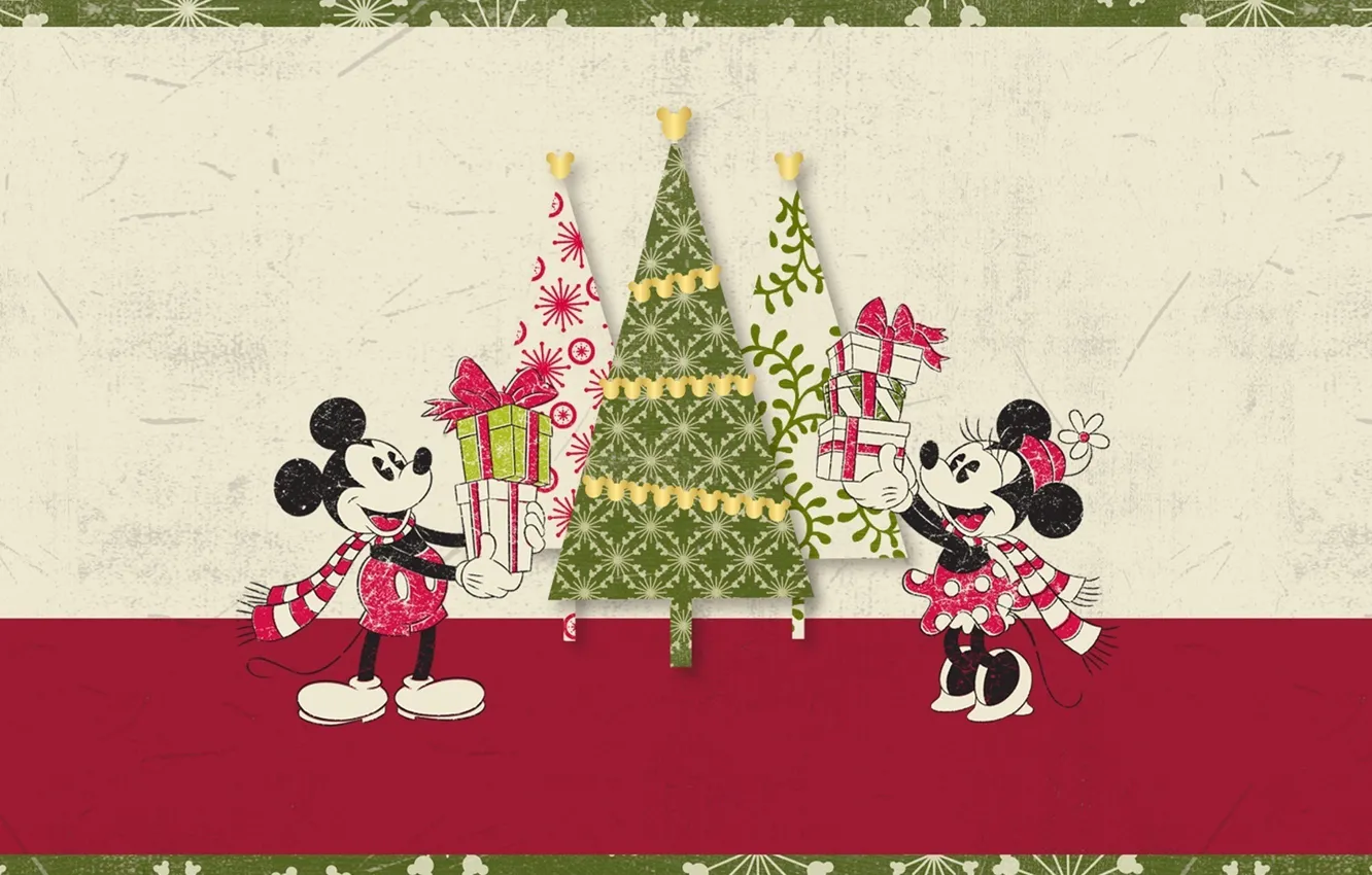 Фото обои елка, Рождество, подарки, Микки Маус, Mickey Mouse, Минни