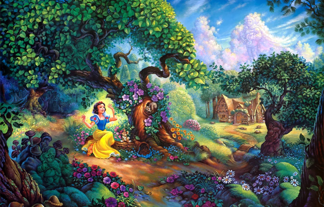 Фото обои цветы, домик, forest, cartoon, painting, Walt Disney, Snow Whites Magical Forest, Snow Whites