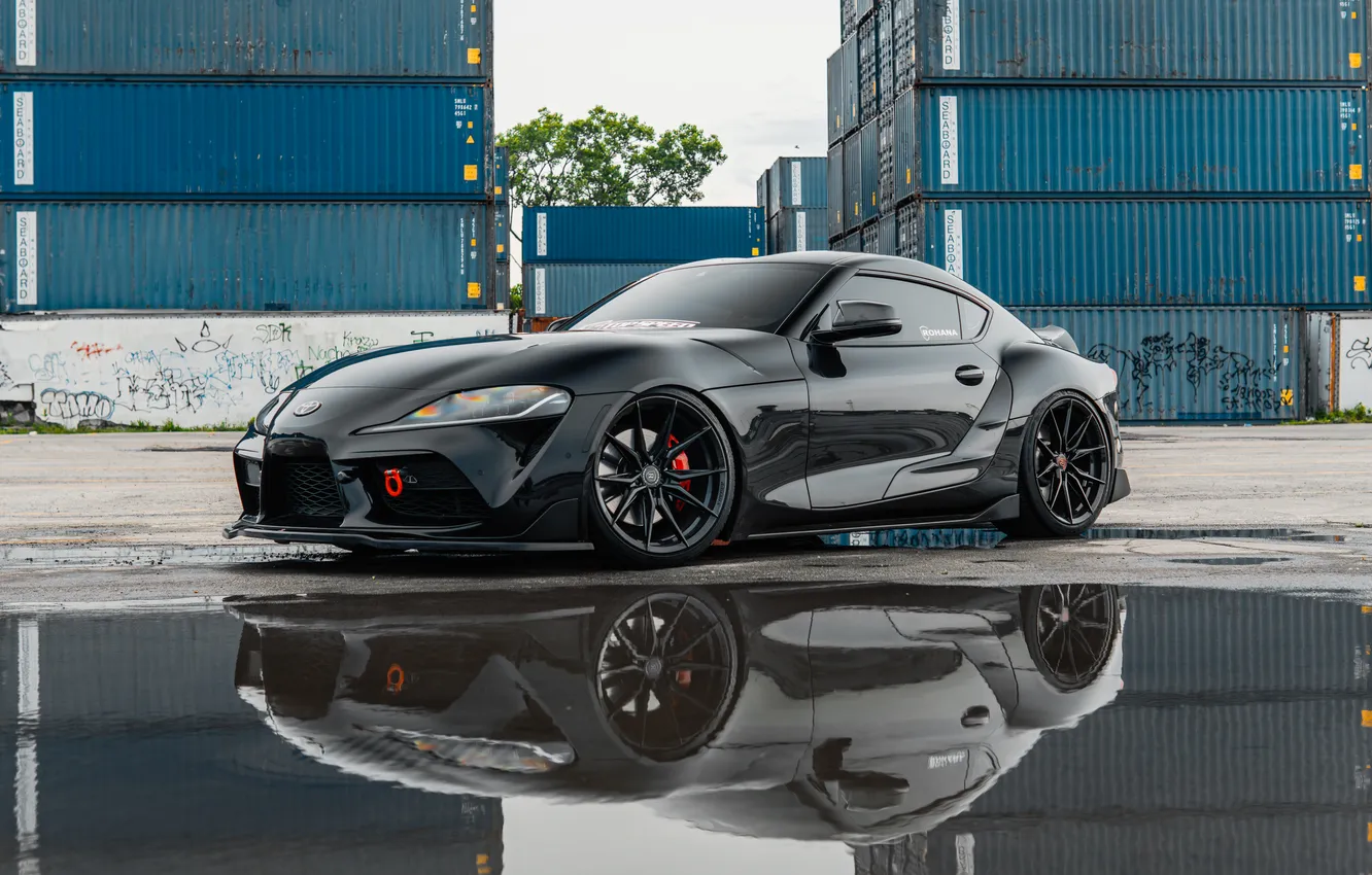 Фото обои Toyota, Black, Water, Side, Toyota Supra, Containers, Supra A90