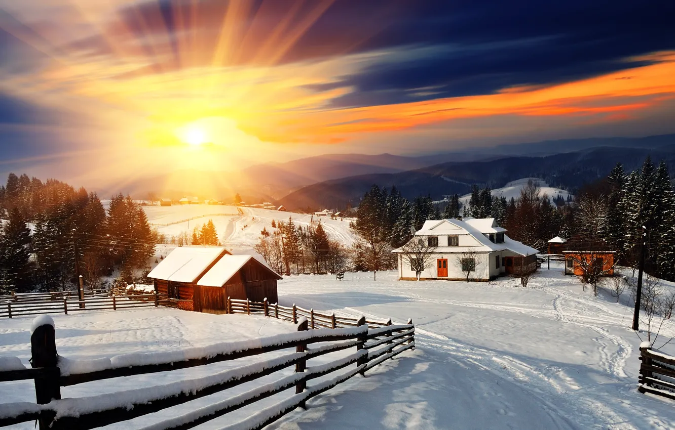 Фото обои зима, снег, пейзаж, горы, дома, Winter, sunset, mountain