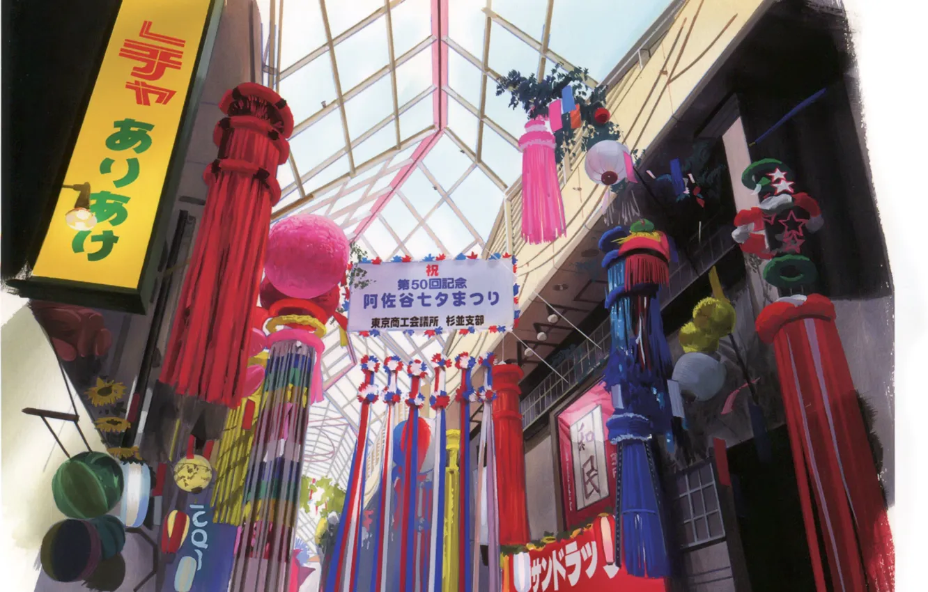 Фото обои украшения, праздник, Япония, галерея, иероглифы, купол, подвески, by Kusanagi