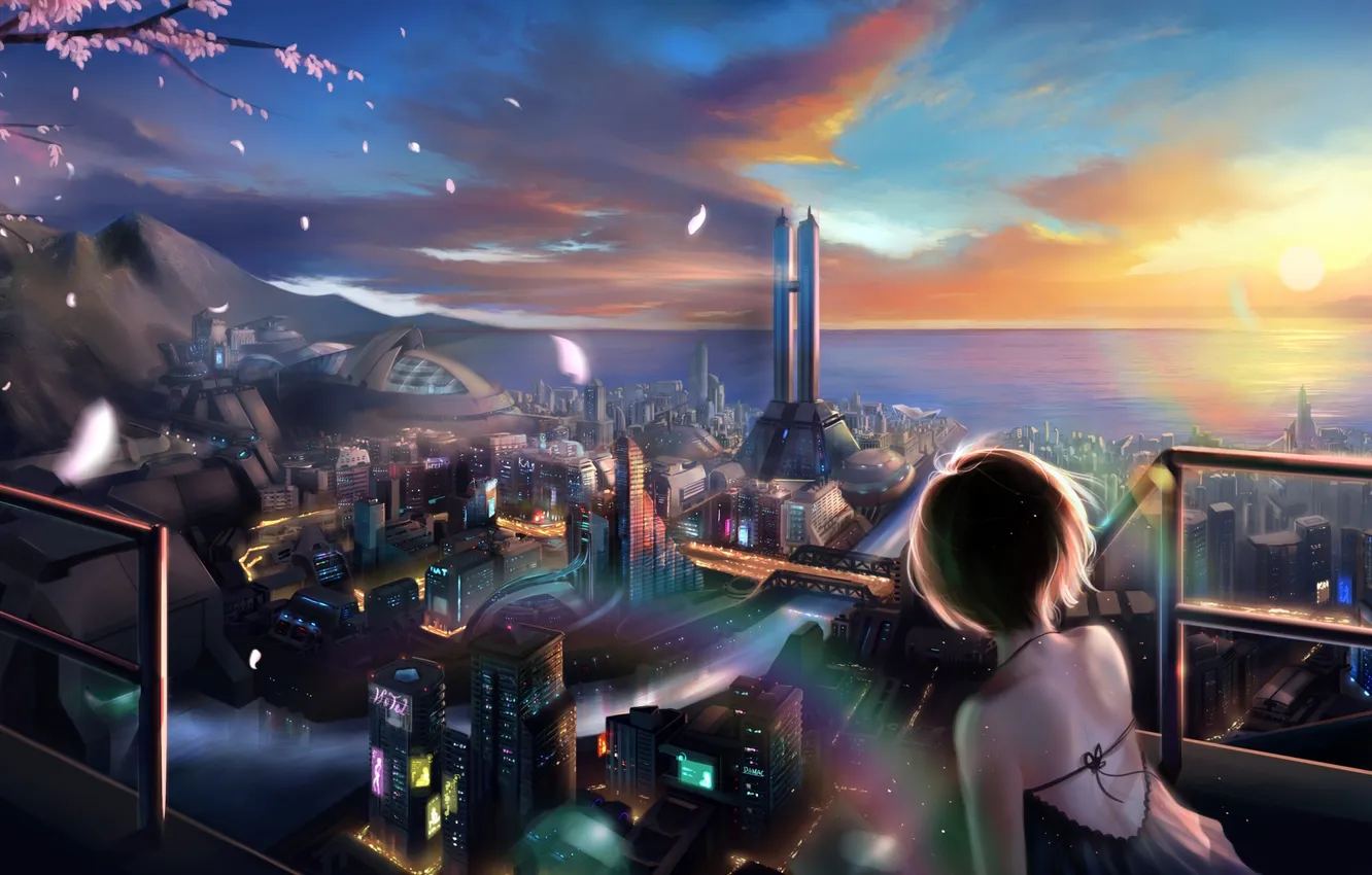 Фото обои девушка, закат, город, арт, панорама, спиной, huykho192