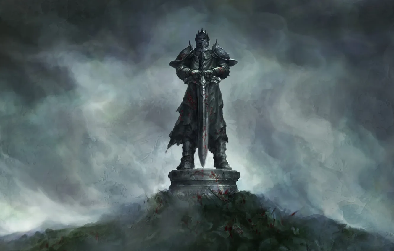 Фото обои туман, кровь, меч, воин, холм, арт, статуя, King Arthur