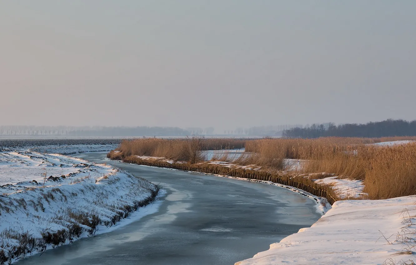 Фото обои зима, поле, пейзаж, река