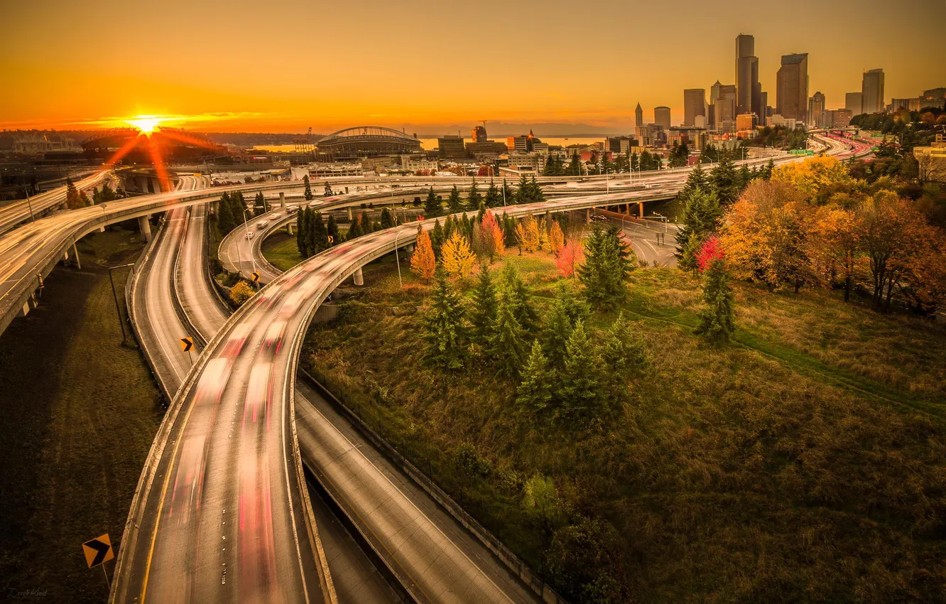 Фото обои закат, мост, city, город, Сиэтл, USA, США, Washington