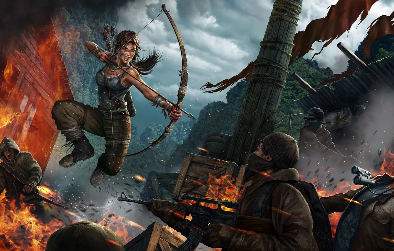 Фото обои девушка, огонь, прыжок, лук, ярость, Tomb Raider, бойцы, Lara Croft