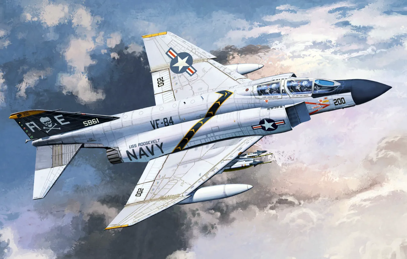 Фото обои рисунок, Phantom II, Douglas, McDonnell, ВМС США, F-4J, VF-84 Jolly Rogers, усовершенствованный палубный многоцелевой истребит