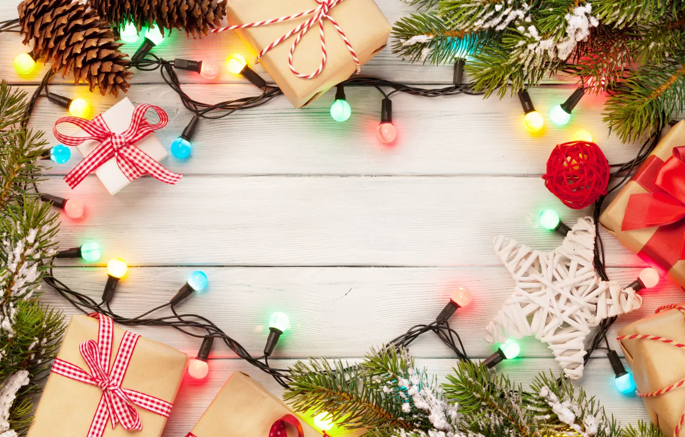 Фото обои Новый Год, Рождество, christmas, гирлянда, balls, merry christmas, gift, decoration