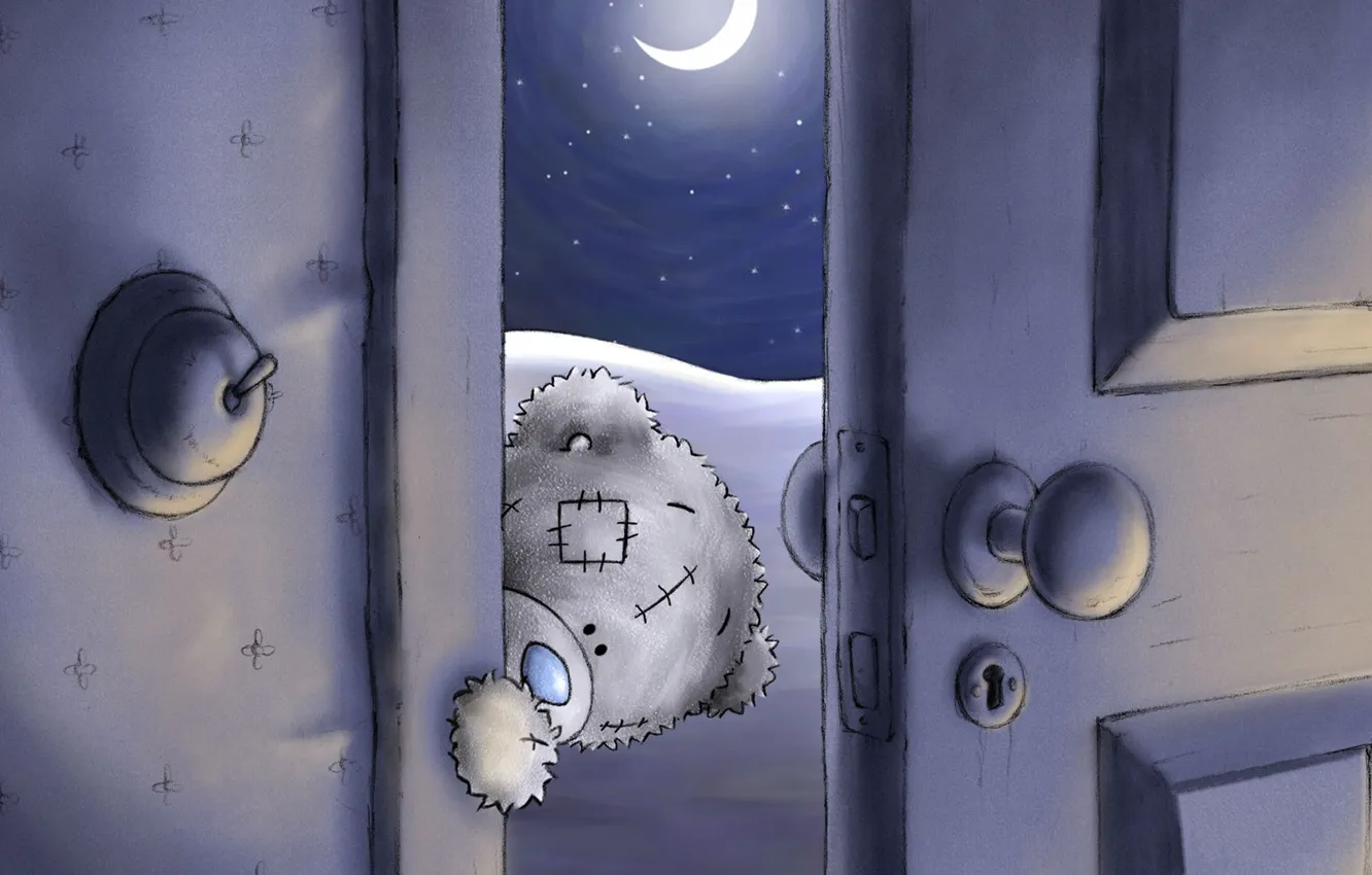 Фото обои ночь, луна, дверь, мишка, тедди