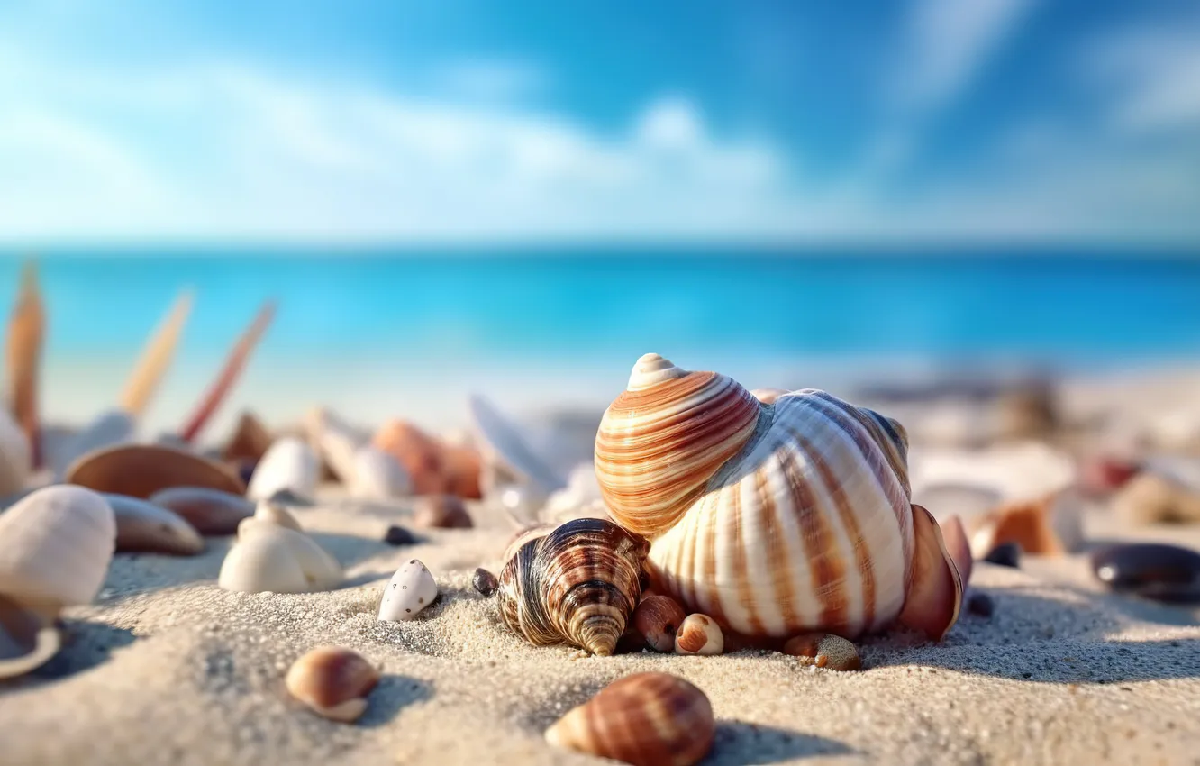 Фото обои песок, море, пляж, лето, небо, берег, ракушки, summer