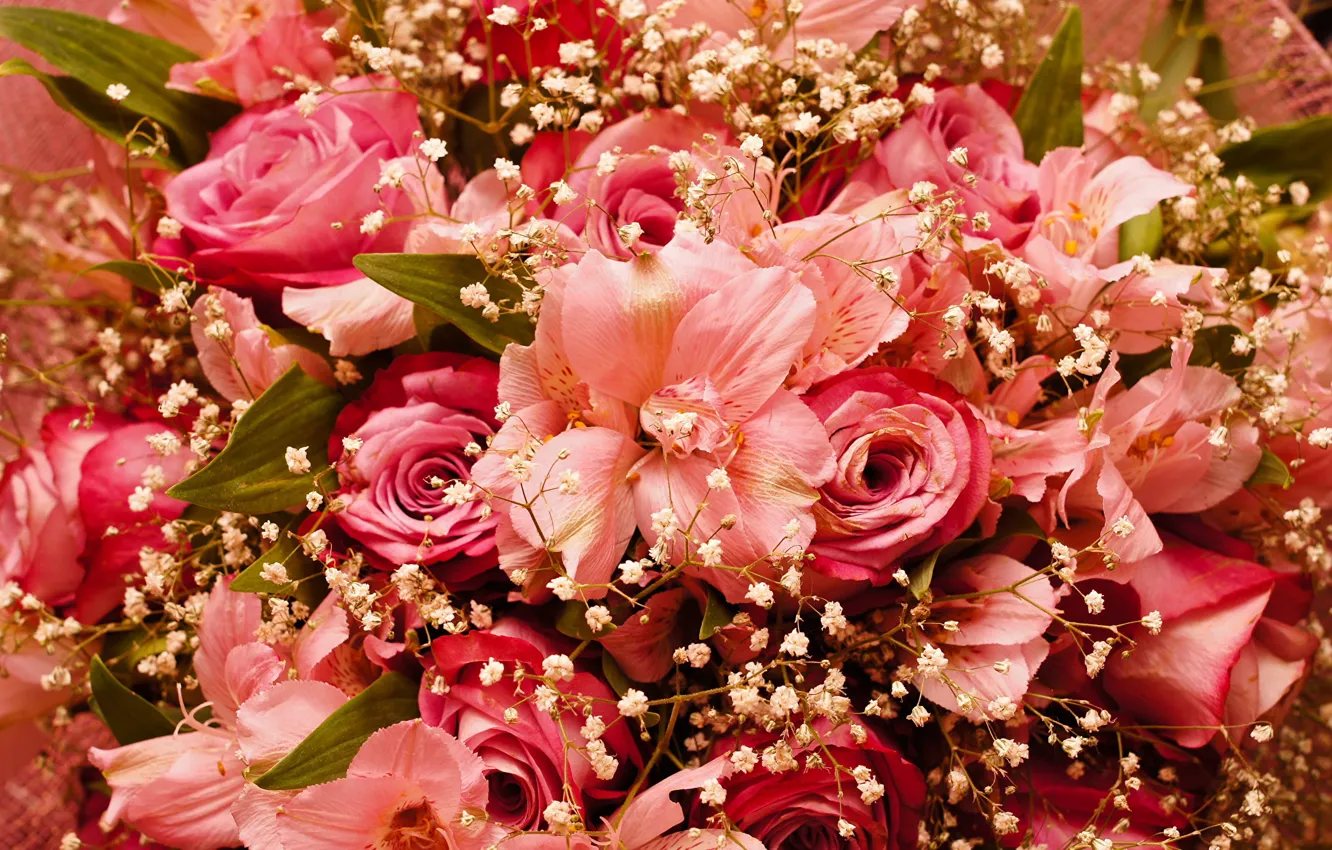 Фото обои цветы, розы, лепестки, гипсофила, альстрёмерия, цветочное ассорти, розовый букет