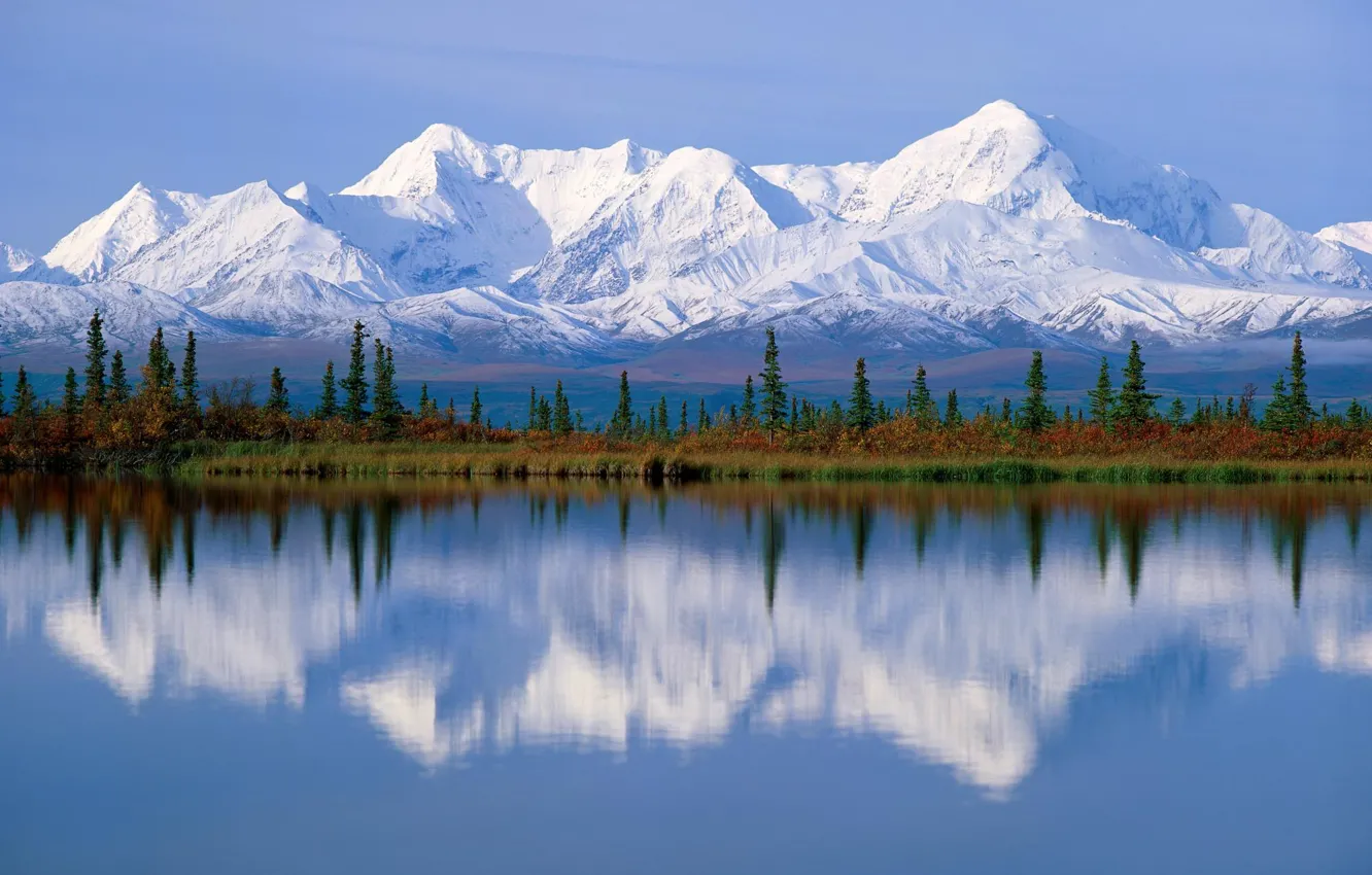 Фото обои вода, снег, деревья, горы, озеро, река, ели, Аляска