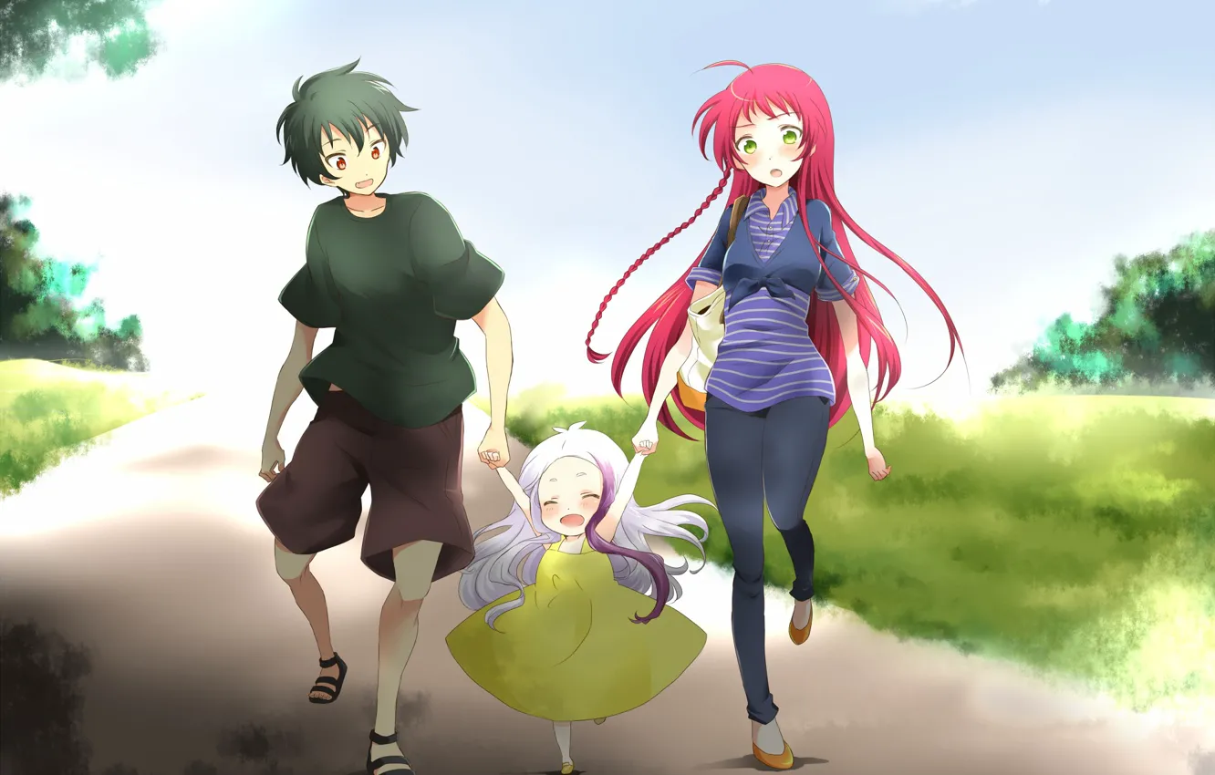 Фото обои девушка, девочка, парень, прогулка, anime, art, втроем, yusa emi