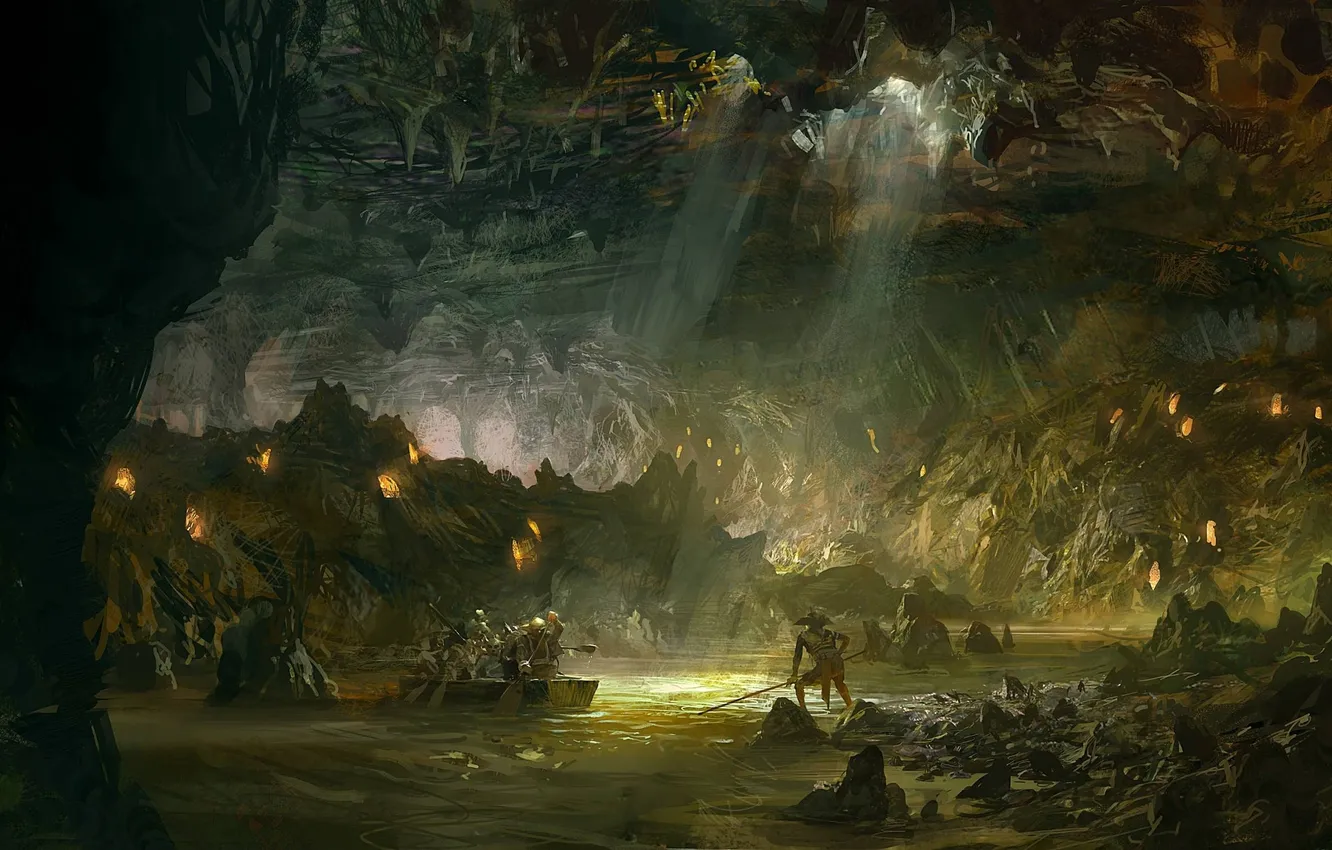 Фото обои река, лодка, пещера, гоблины, подземная, guild wars 2