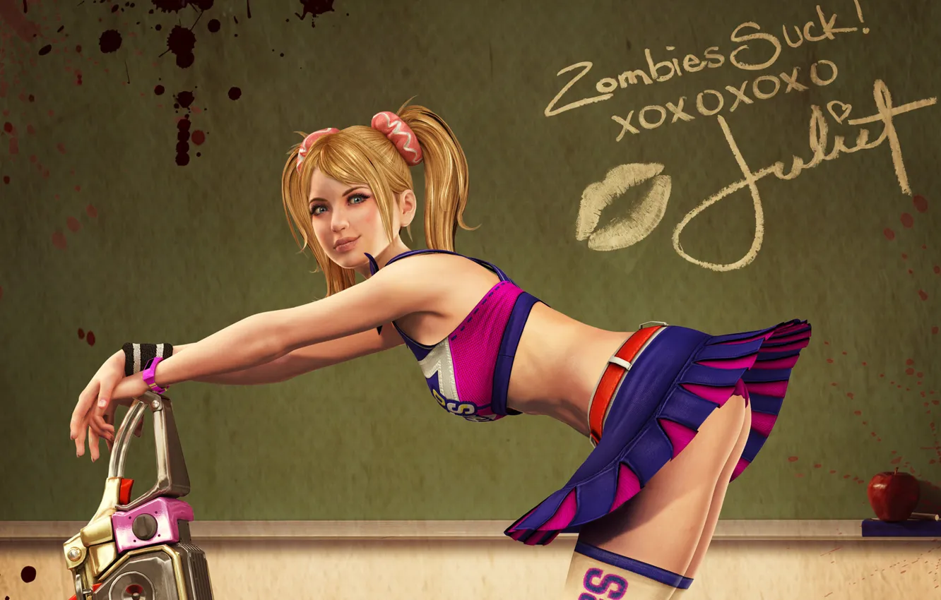 Фото обои попа, девушка, улыбка, яблоко, доска, мел, бензопила, Lollipop Chainsaw