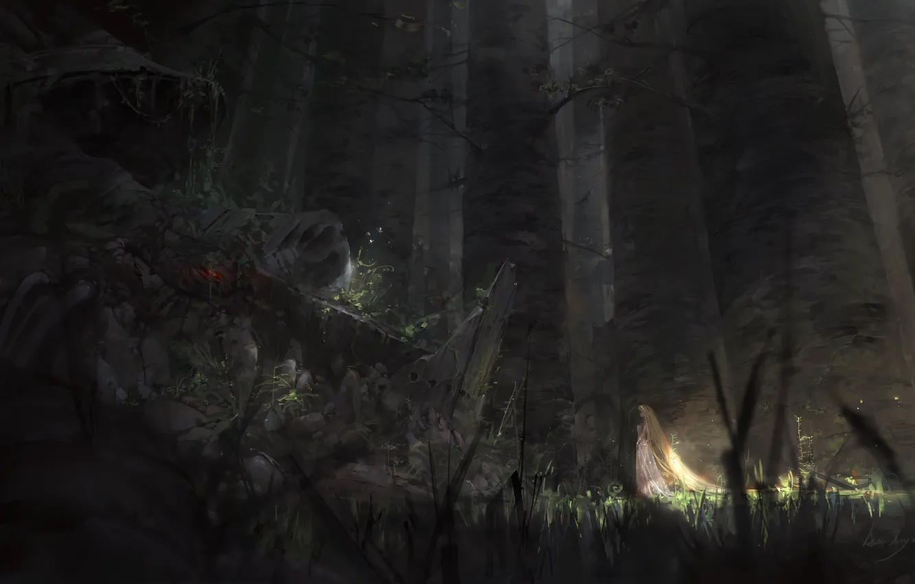 Фото обои лес, девушка, свет, Ночь, руины, длинные волосы