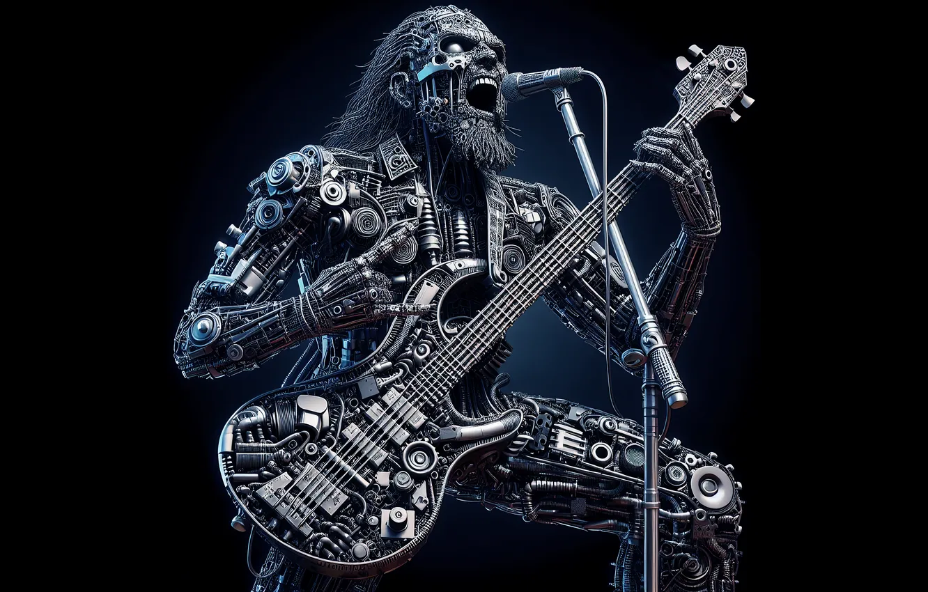 Фото обои music, metal, singer, black background, heavy metal, rock and roll, industrial design, bass guitars