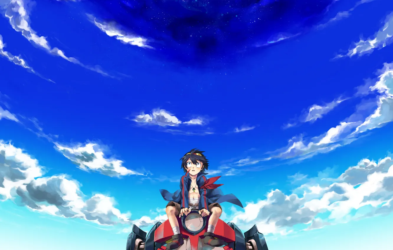 Фото обои небо, облака, поверхность, ветер, робот, аниме, парень, anime