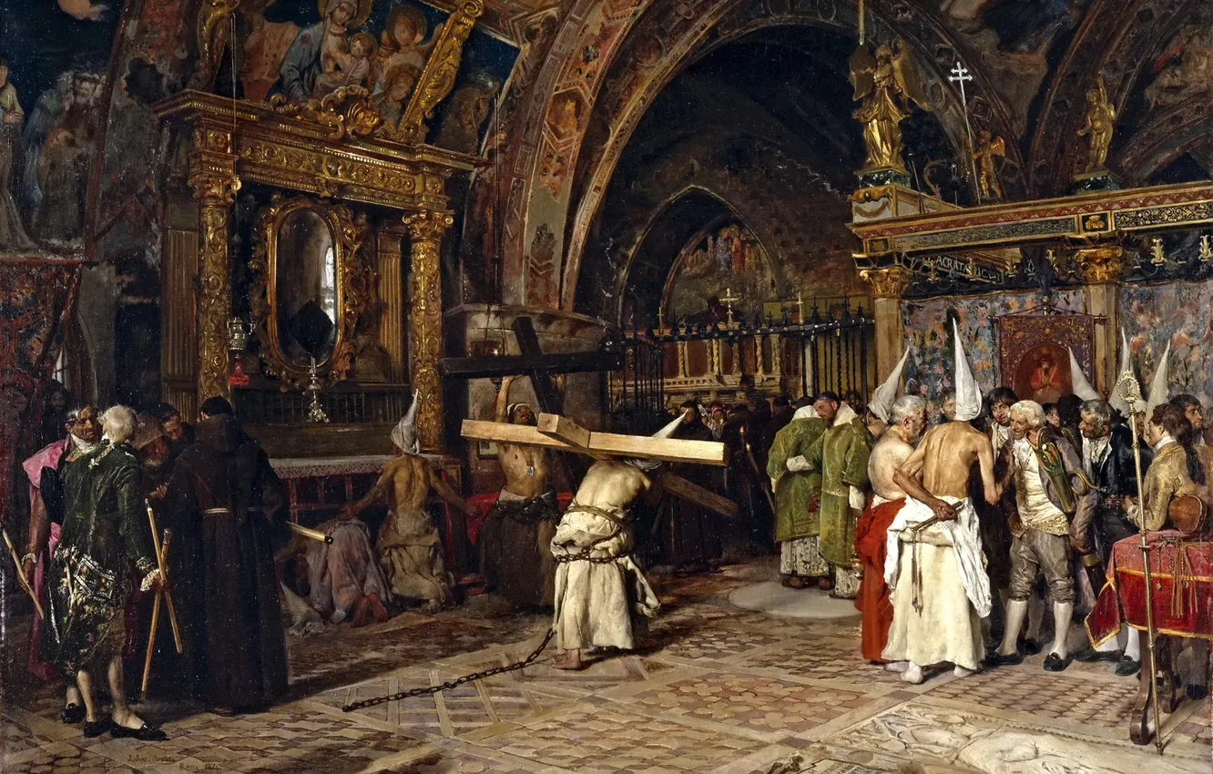 Фото обои интерьер, картина, мифология, Хосе Хименес Аранда, Penitents in the Lower Basilica of Assisi