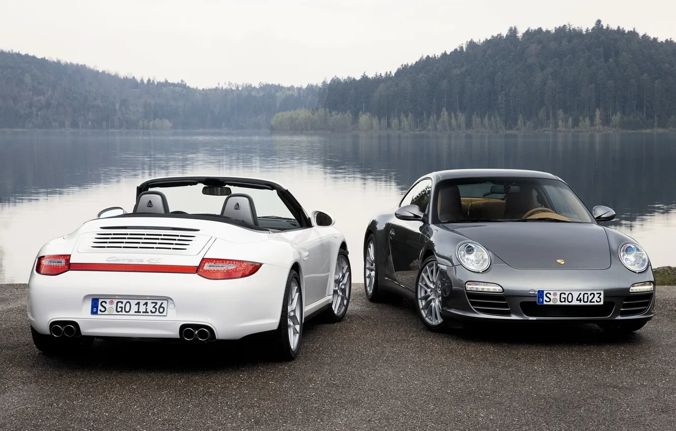 Фото обои озеро, 911, Porsche, два